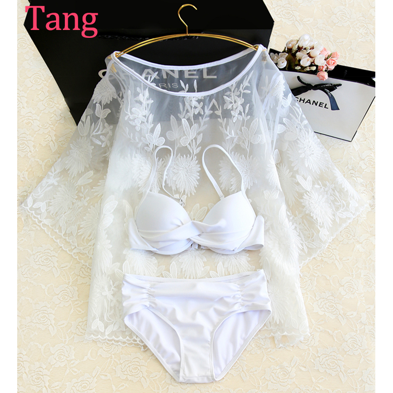 白色比基尼小胸鋼托聚攏泳衣女三件套性感蕾絲罩衫韓國溫泉游泳裝