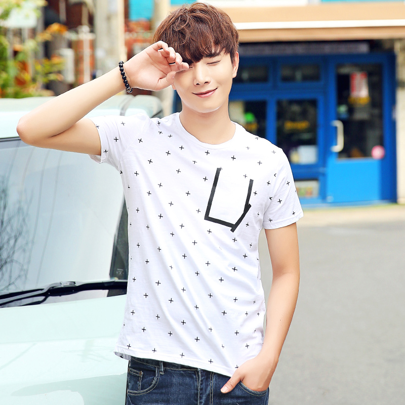 夏季男士短袖t恤 韓版潮學生男裝體恤時尚圓領修身白色印花上衣服
