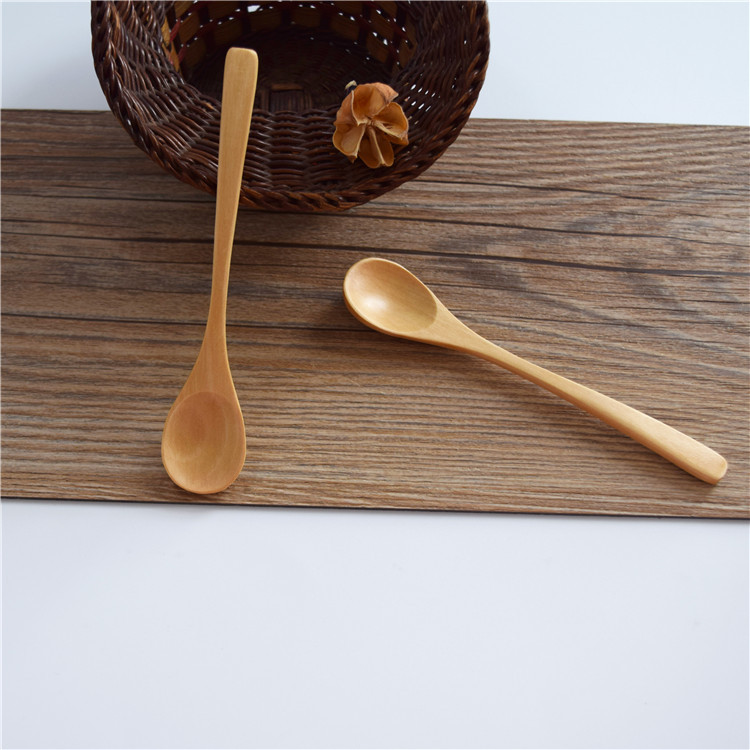 日式原木圓口扁平直柄小勺日式木質創意兒童勺子調料勺甜品勺